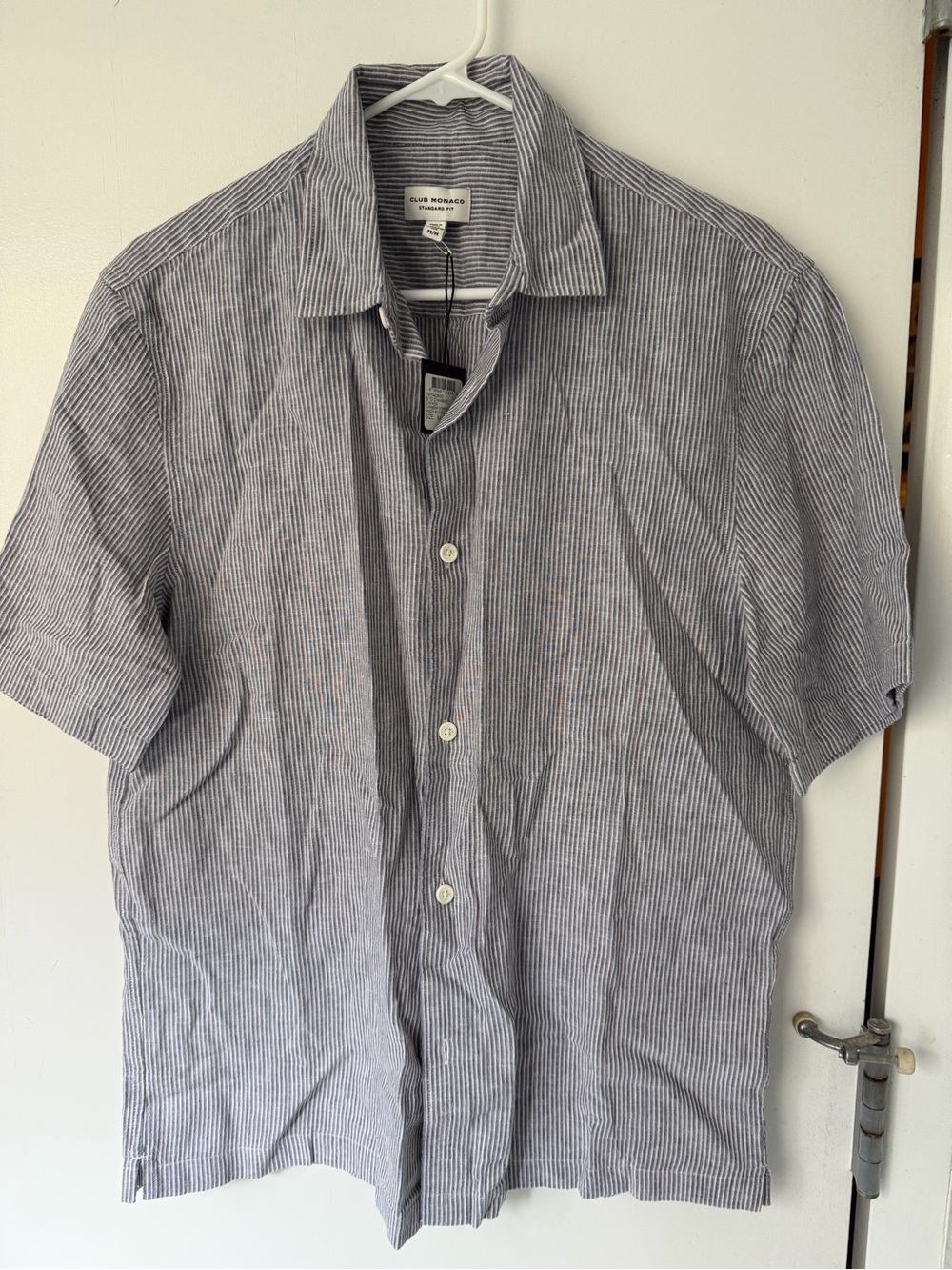 Club Monaco Men’s Short Sleeve Button-Up Shirt - Blue Stripe